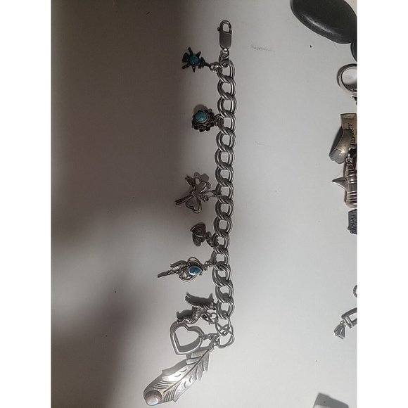 Southwest Native Turquoise Charm Bracelet Sterling Silver - Picture 3 of 11